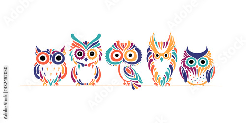 Cute owls family. Colorful style for your design