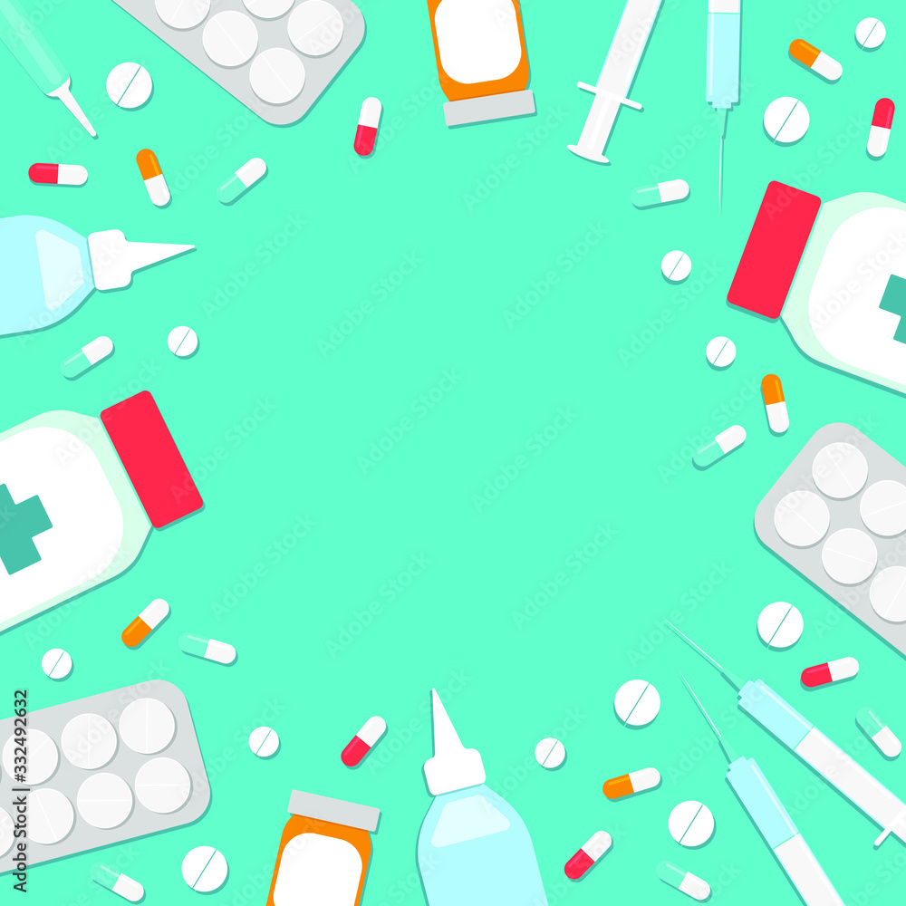 Green banner with medications. Space for text Green banner with medications. Space for text