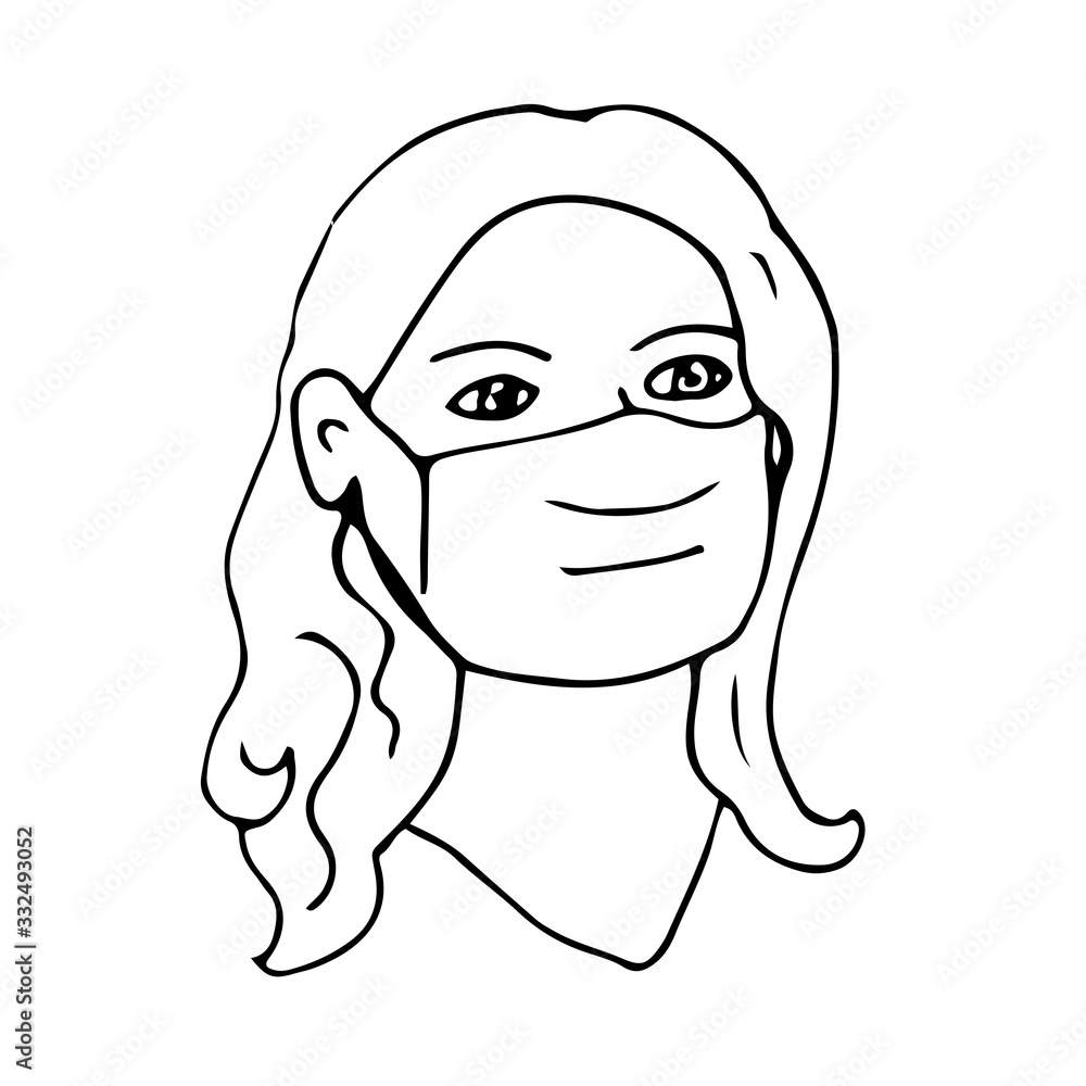 Head of a girl or woman with long hair in a medical mask. Doodle hand-drawn in the style of outlines isolated on a white background. Vector sketch on the theme of pandemic and virus protection. Head of a girl or woman with long hair in a medical mask. Doodle hand-drawn in the style of outlines isolated on a white background. Vector sketch on the theme of pandemic and virus protection.