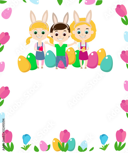 Smiling children rejoice near decorative multi-colored eggs. Web banner, invitation card to the Easter tradition of the egg hunter. The design is decorated with tulips and crocuses.