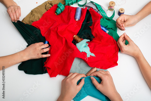 Flaps of colored fabric on the table