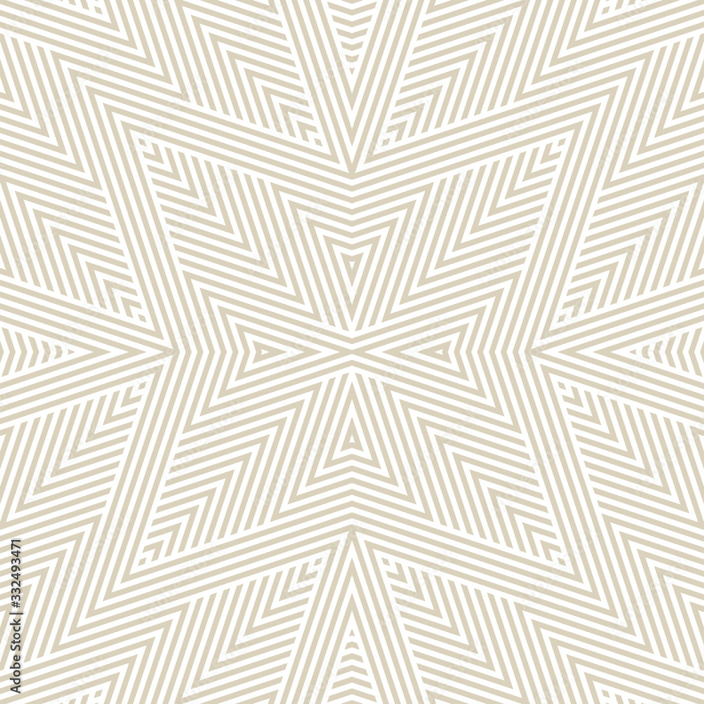 Vector geometric lines seamless pattern. Subtle golden linear background with stripes, diagonal lines, rhombuses. Modern abstract white and beige texture. Delicate design for decor, print, wallpapers