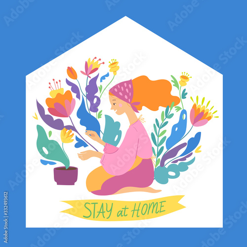 Stay home vector quarantine virus illustration with a woman spend time at home