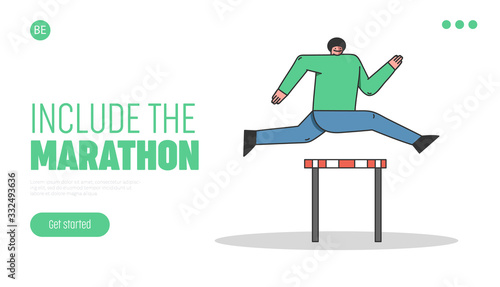 Steeplechase And Sports Competitions Concept. Website Landing Page. Sportsman Take Part In Run Competition. Man Try To Win Jumping Over the Barrier. Web Page Cartoon Linear Flat Vector Illustration