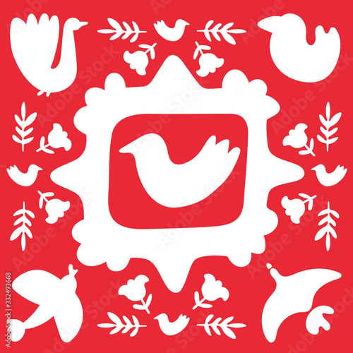 Folk art pattern decor inspired by traditional art form on red background. Spring, Merry Christmas square tile. Scandinavian style with traditional geometric shapes, folklore cliparts elements