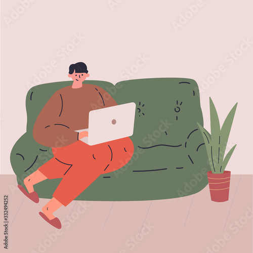 Remote work during quarantine concept flat vector illustration.Freelancer character working from home using portable laptop.Work in comfortable conditions.Social media networks user.Self employed man