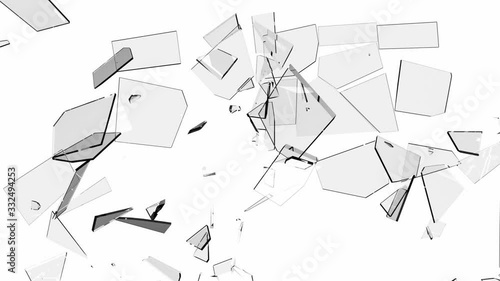 Slow Motion Shattered and broken glass shards flying through the air on a white, black, and green background. Green screen chroma key, transparent background, luma matte, alpha channel mask.
