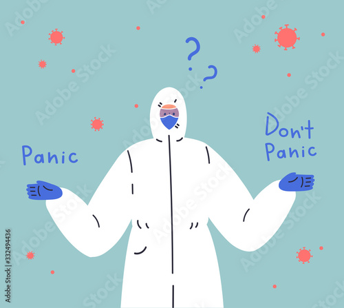 Coronavirus pandemic.Novel coronavirus 2019-nCoV.Doctor in white medical protective suit with a question mark.Panic or not.Coronavirus quarantine vector illustration.Flat cartoon character design