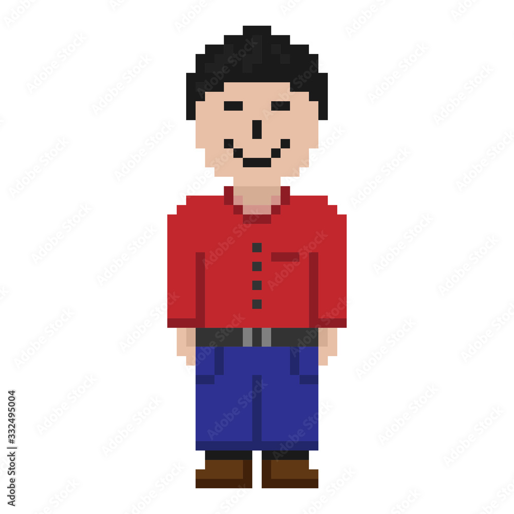 Cheerful pixel man. Front view. Vector graphic illustration. Isolated object on a white background. Isolate.