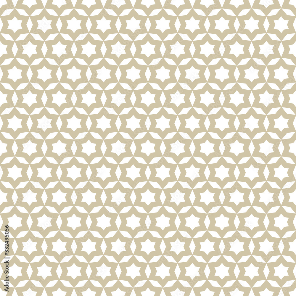 Vector golden ornamental seamless pattern. Subtle white and gold texture with stars, delicate grid, mosaic. Abstract background in oriental style. Luxury repeat design for prints, home decor, fabric
