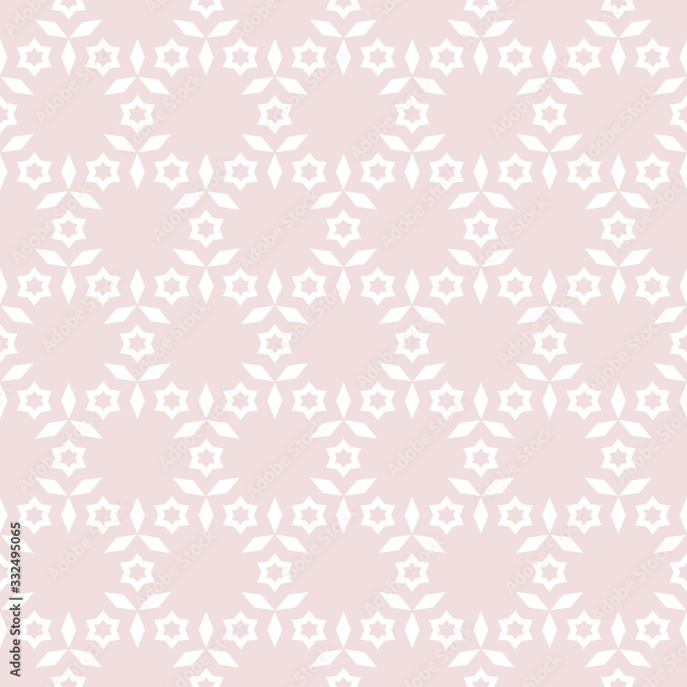 Subtle geometric seamless pattern. Cute vector minimalist texture with small stars, floral shapes, leaves. Abstract background in soft pastel colors, light pink and white. Minimal repeating design