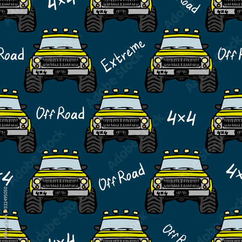 Yellow SUVs monster truck isolated on blue background. Baby seamless pattern. Front view. Hand drawn vector graphic drawing. Texture.