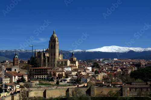 Skyline of Segovia historic town and the mountain at the back