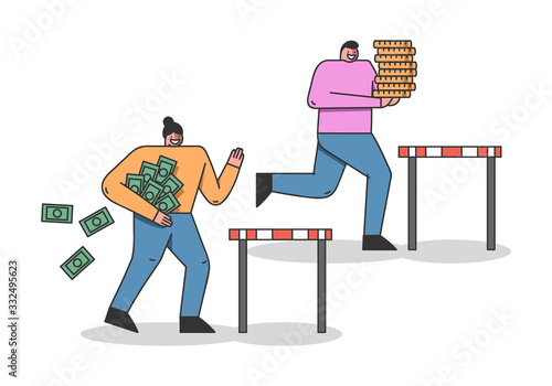 Concept Of Run Steeplechase Competition Metaphor. Cheerful Characters Is Trying To Win Jumping Over the Barrier Losing Money And Carrying Gold Ingots. Cartoon Linear Flat Style. Vector Illustration