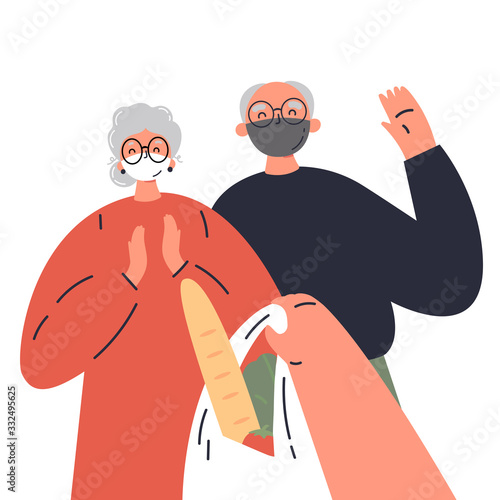 Coronavirus. Novel virus 2019-nCoV.Delivery of food to old couple in protective masks.Caring for people at risk.Concept of coronavirus quarantine vector illustration.Flat cartoon colorful character