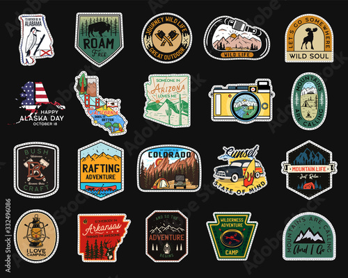 Vintage camp patches logos, mountain badges set. Hand drawn stickers designs bundle. Travel expedition, backpacking labels. Outdoor hiking emblems. Logotypes collection. Stock vector. photo