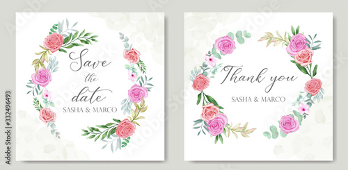 Wedding card template with beautiful watercolor floral wreath