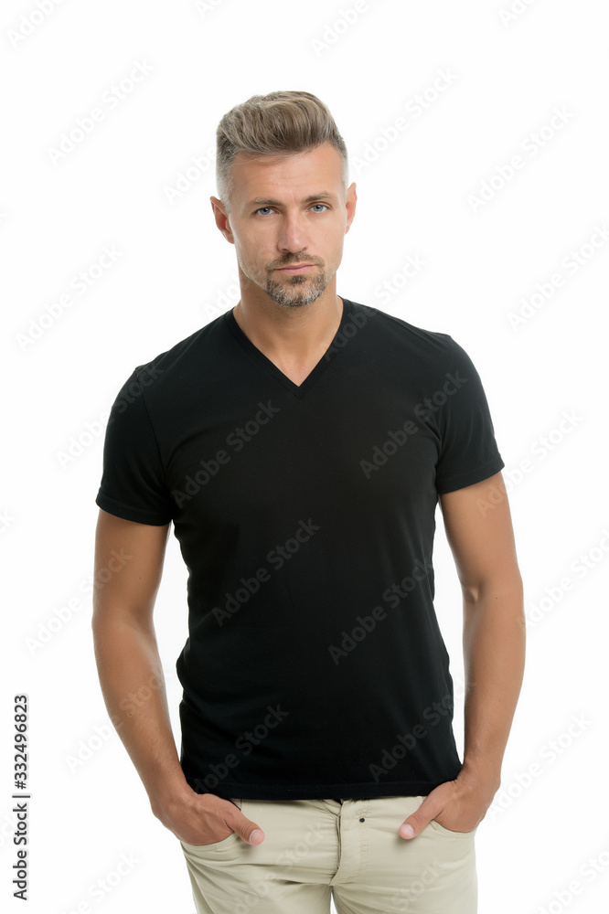 Keep calm. He knows he is attractive. Mature man. Overcome problems. Midlife Crisis. Psychological crisis. Male beauty standards. Mature guy wear black shirt looks stylish. Crisis solution Keep calm. He knows he is attractive. Mature man. Overcome problems. Midlife Crisis. Psychological crisis. Male beauty standards. Mature guy wear black shirt looks stylish. Crisis solution