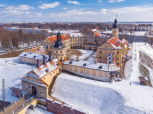 The winter view of Nesvizh Castle in Belarus. Drone aerial photo