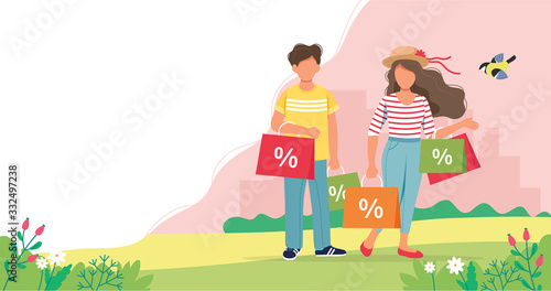 Man and woman with shopping bags, spring sale concept. Cute vector illustration in flat style.