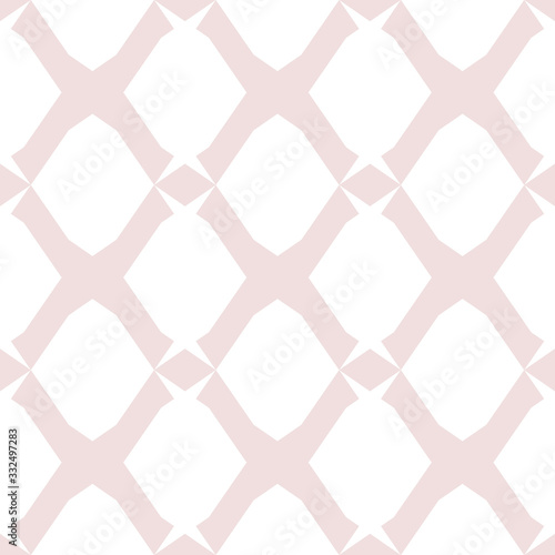 Delicate mesh texture. Vector geometric seamless pattern with fishnet, grid, lattice, net, lace. Light pink and white minimalist background. Subtle abstract ornament. Simple minimal repeating design