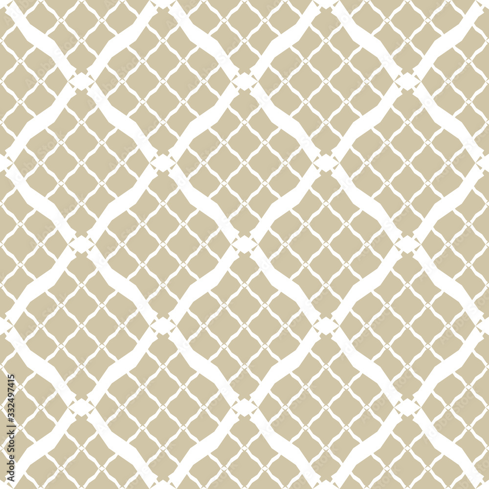 Golden grid geometric seamless pattern in Arabian style. Luxury vector abstract background. Simple graphic ornament. White and gold texture with diamond shapes, rhombuses, lattice, net, repeat tiles Golden grid geometric seamless pattern in Arabian style. Luxury vector abstract background. Simple graphic ornament. White and gold texture with diamond shapes, rhombuses, lattice, net, repeat tiles