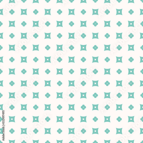 Simple floral geometric texture. Vector minimalist seamless pattern with tiny flowers  crosses  small squares. Turquoise and white color. Abstract minimal repeat background. Design for decor  fabric