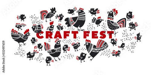 Black and white roosters, hen and chicken vector