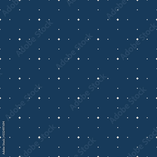 Subtle vector seamless pattern with tiny diamond shapes, small stars, rhombuses, dots. Simple minimalist geometric background. Abstract minimal texture in dark blue and beige color. Delicate design