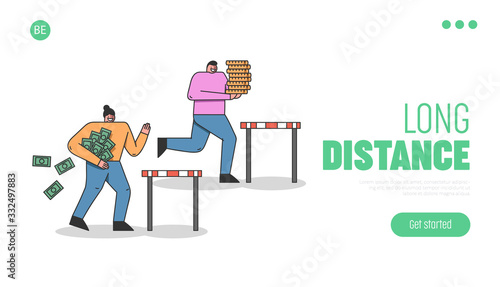 Concept Of Run Steeplechase Metaphor. Website Landing Page. Cheerful Characters Jumping Over the Barrier Losing Money And Carrying Gold Ingots. Web Page Cartoon Linear Flat Vector Illustration