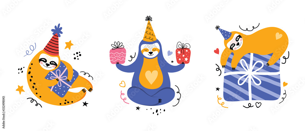 Cute kawaii sloth at a party. Cartoon bear with gifts and other holiday items. Holiday lettering. Greeting card or banner for a birthday Christmas or New year. Scandinavian flat vector illustration.