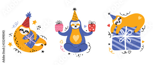Cute kawaii sloth at a party. Cartoon bear with gifts and other holiday items. Holiday lettering. Greeting card or banner for a birthday Christmas or New year. Scandinavian flat vector illustration.