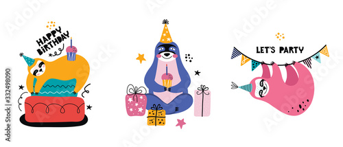 Cute kawaii sloth at a party. Cartoon bear with gifts and other holiday items. Holiday lettering. Greeting card or banner for a birthday Christmas or New year. Scandinavian flat vector illustration.