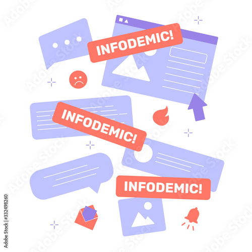 Infodemic during a virus pandemic. Online hoax, gossip, fake news on the Internet. Posts and comments. Search for reliable sources of information. Vector flat illustration.