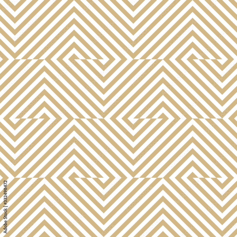 Vector geometric lines seamless pattern. Modern golden texture with diagonal stripes, broken lines, chevron, zigzag, squares, tiles. Simple abstract geometry. Gold and white background. Trendy design