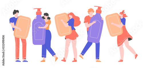 Group of characters. People men and women hold bars of soap and dispensers with liquid soap. Hygiene, skin care and hand washing. Vector flat illustration.