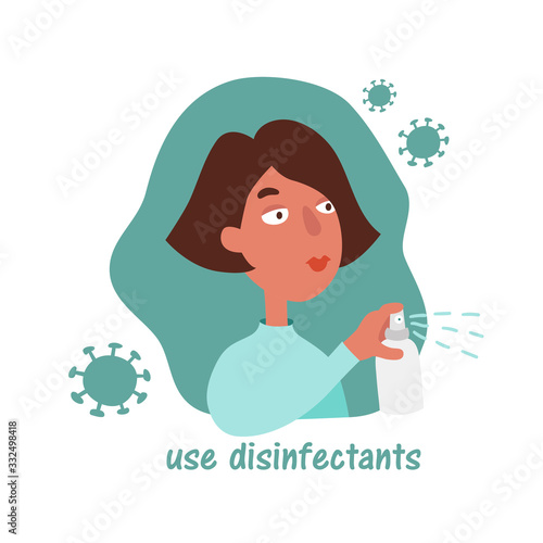 A woman sprays a disinfectant or antiseptic. Quarantine Precautions During Coronavirus (2019-ncov or covid-19). Illustration in cartoon style isolated on white background.