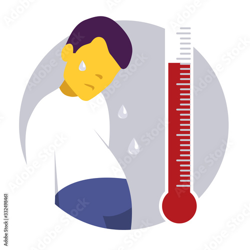 Fever and fatigue man with thermometer.  Symptom. Virus. Coronavirus. COVID-19. Infographic. Vector illustration. Healthcare poster or banner template.
