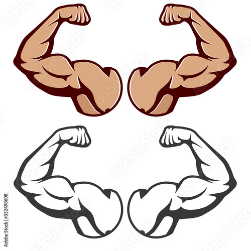 Bodybuilder muscle flex arm vector illustration. Strong macho biceps gym flexing hand vector icon isolated on white background. Vector EPS 10