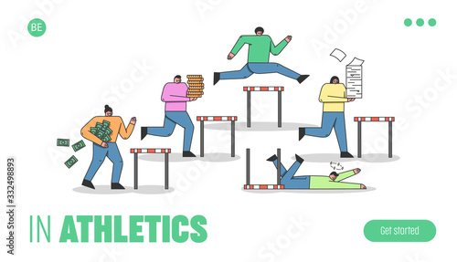 Website Landing Page. Characters Has Some Difficulties On Their Business Way Like Different Barriers. Metaphor Of Business Like Steeplechase. Web Page Cartoon Linear Flat Style. Vector Illustration