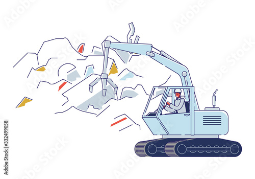 Recycling Plant For Old Broken Metal Things. Character In Uniform Is Working On Junkyard On Crane With Open Claw Sorting Piles Of Scrap Metal. Cartoon Linear Outline Flat Style. Vector Illustration