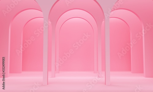 Pink abstract background with a row of arches and upper light. 3d rendering