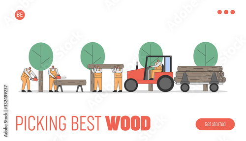 Sawmill Concept. Process Of Cutting, Transportation Trees. Website Landing Page. Workers Are Working In The Forest With Working Tools. Web Page Cartoon Linear Outline Flat Style. Vector Illustrations