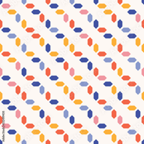 Vector geometric seamless pattern with colorful elements, diamonds, rhombuses. Simple abstract minimal ornament. Cute funky background texture. Repeat design for decor, fabric, print, wallpaper, cloth