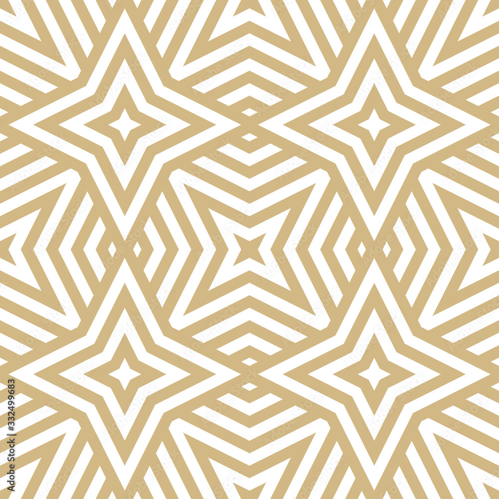 Golden vector geometric lines seamless texture. Modern abstract linear pattern. Stylish gold and white graphic background with stars, diamonds, stripes, diagonal lines, tiles. Luxury repeated design Golden vector geometric lines seamless texture. Modern abstract linear pattern. Stylish gold and white graphic background with stars, diamonds, stripes, diagonal lines, tiles. Luxury repeated design