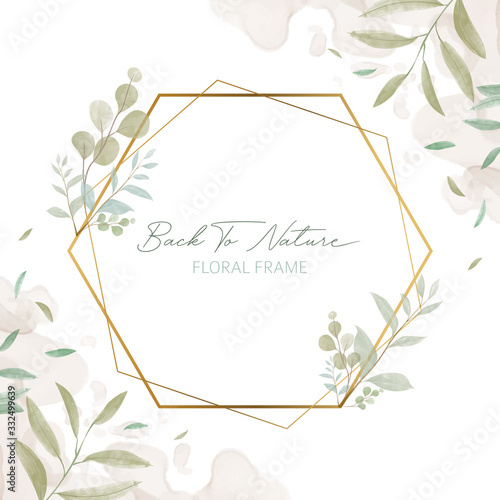 Wedding invitation card template with golden watercolor floral