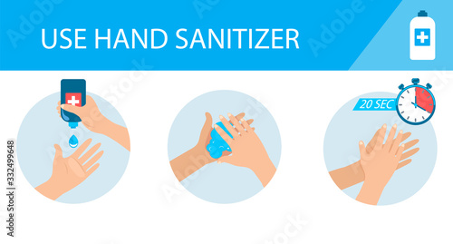 Medical infographic - how to use hand sanitizer. Step by step instructions and guidelines. Personal hygiene and disease prevention, healthcare for prevent virus. Vector illustration.