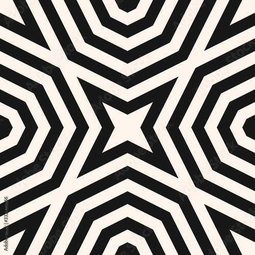 Vector monochrome geometric pattern with concentric shapes, stripes, lines, stars, octagons. Black and white optical art texture. Creative psychedelic design. Modernist style background. Cover design