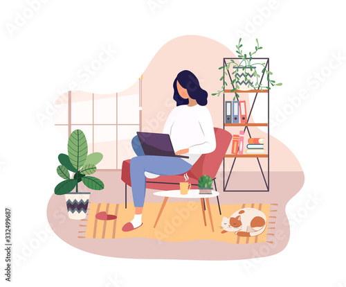 Freelancer working on laptop at home, remote job. Young girl studying from home, e-learning concept. Comfortable conditions for work during the quarantine. Online shopping. Vector illustration.