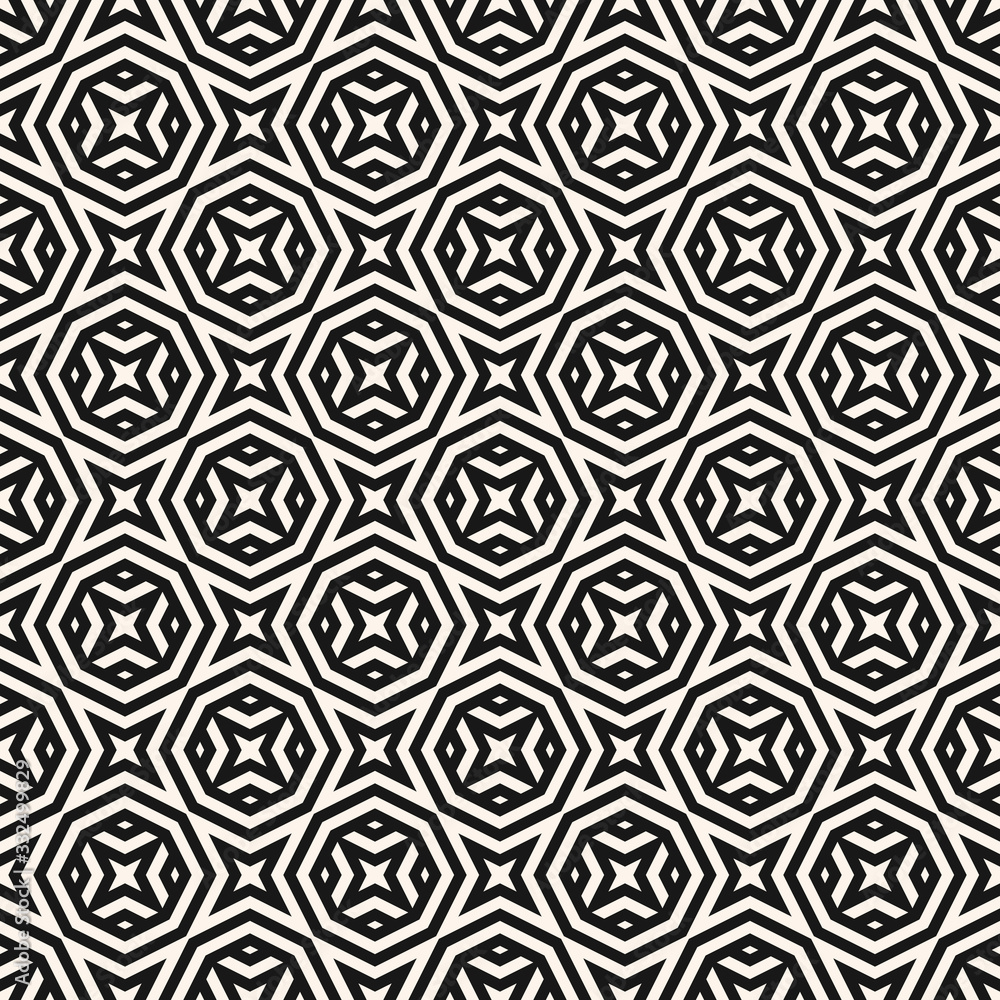 Vector abstract monochrome seamless pattern with geometric shapes, stripes, lines, stars, octagons. Black and white texture. Creative modern design. Stylish geometrical background. Repeat ornament